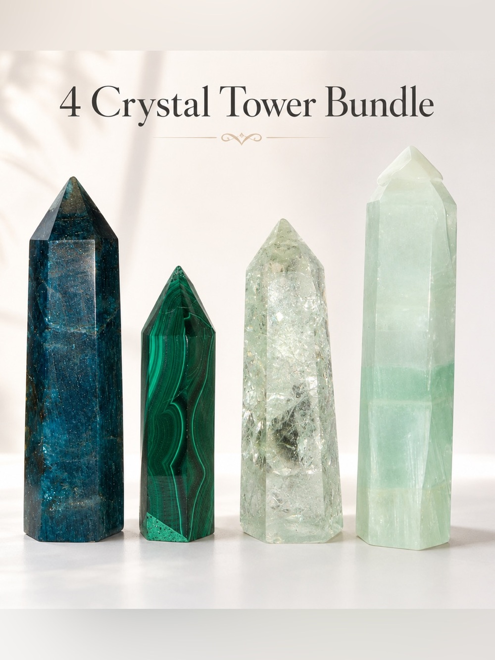 Set of 4 Crystal Towers - Malachite, Apatite, Quartz, Fluorite